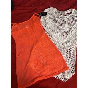 Set of 2 Beach Cover-Ups: Orange Mesh Dress and White Mesh Top